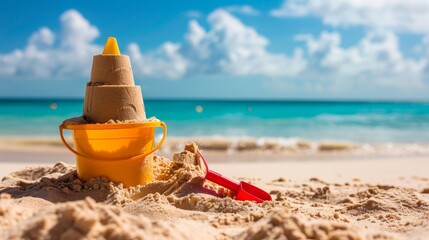 A detailed sand fortress with a yellow bucket and red shovel against the serene blue sea embodying...