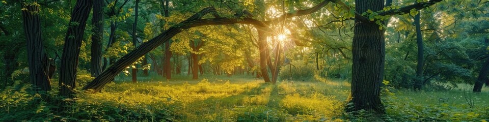 green sun shining through the trees