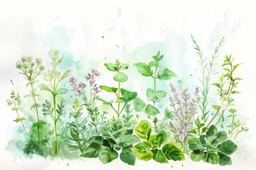 Herbs scent the air with a medley of fragrances, green and vibrant on the watercolor palette, kawaii water color