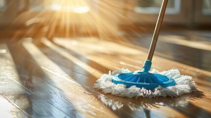 A blue and white mop standing on a polished wooden floor prepared to tackle the cleaning task at hand in a cozy sunlit room
