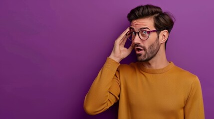 Curious man listens to hot news, overhears top secret story, hears latest buzz on color background