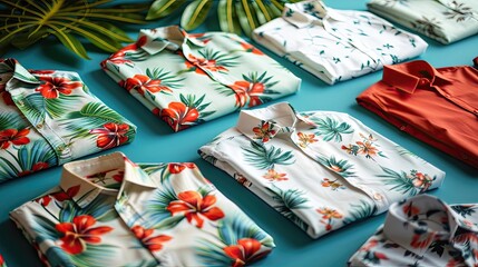 A row of shirts with tropical prints are displayed on a blue background