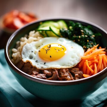 a bowl of rice with a fried egg and vegetables