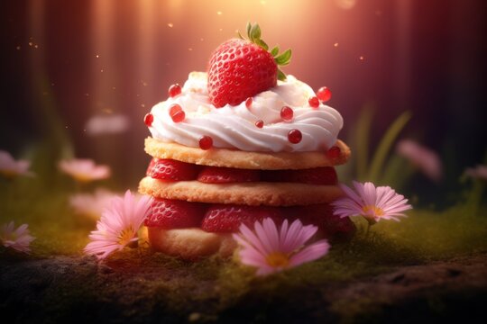 a strawberry shortcake with whipped cream and flowers