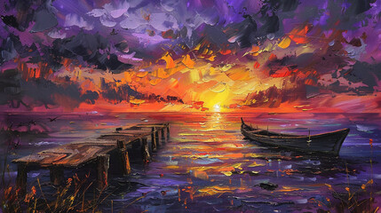 Impressionistic oil canvas of a boat at a jetty during sunset, with a vibrant color palette.