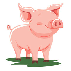curious pink piglet stands on its hind legs, gazing out over a lush green meadow