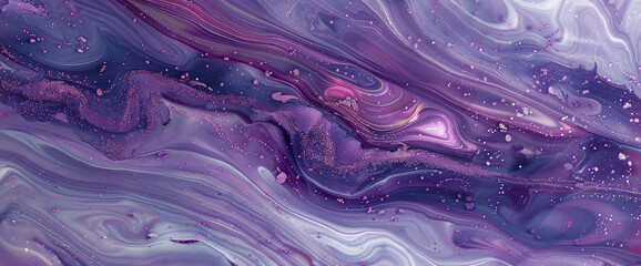 Celestial lavender marble ink cascades elegantly through an enchanting abstract scene, glistening with ethereal glitters. - obrazy, fototapety, plakaty