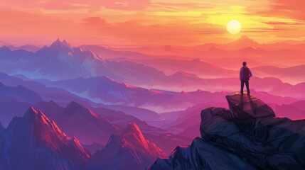 A traveler admiring a serene sunset over a mountain range - obrazy, fototapety, plakaty