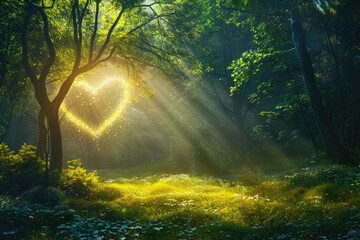 Colorful fantasy heart, light beam, green forest field