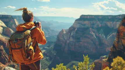 A traveler capturing a breathtaking landscape with a camera atop a scenic overlook