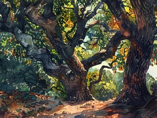 Fototapeta premium Trees stand as ancient storytellers, their bark and leaves a testament to the passing of time, bright water color