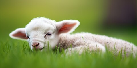 a baby lamb lying in the grass - obrazy, fototapety, plakaty