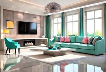 Cozy living space adorned with turquoise furniture and a flat-screen TV, Stylish interior design...