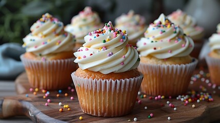 Marvel at the delicate intricacies of a perfectly frosted cupcake, where swirls of buttercream and sprinkles of sugar create a feast for the eyes as well as the palate. - obrazy, fototapety, plakaty