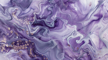 Celestial lavender marble ink cascades elegantly through a luminous abstract canvas, glistening with ethereal glitters, invoking serenity and tranquility.