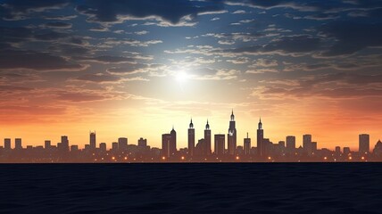 Cityscape silhouette against a vibrant sunset, with ocean foreground and a dramatic sky