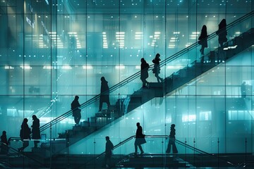 Silhouette of business people walking up and down stair outside modern office in fast movement