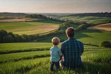 Father and son sitting on a green meadow looking at the sunset. Happy Father day.