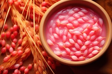 a bowl of pink liquid with seeds in it