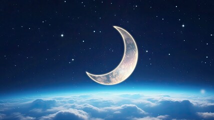 Obraz na płótnie Canvas A mesmerizing crescent moon illuminates a starry sky, casting a gentle glow on the soft clouds below