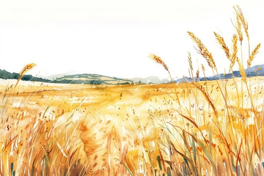 A watercolor painting of a wheat field with a hill in the distance.