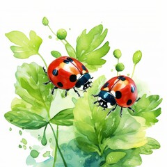 A watercolor painting of two red ladybugs on a green leaf.