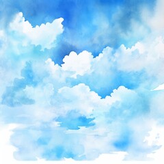 Blue sky with white clouds in watercolor. - obrazy, fototapety, plakaty
