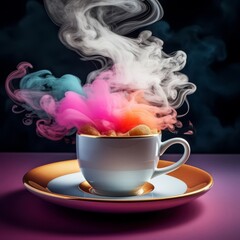 A white cup of coffee with colorful smoke coming out of it on a pink table with a dark background. - obrazy, fototapety, plakaty