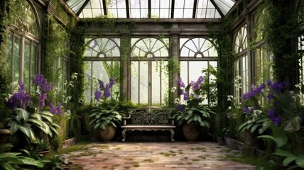 Vintage bench in a serene greenhouse garden with lush greenery and blooming purple flowers