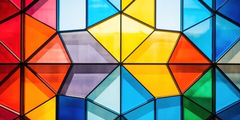 a colorful glass wall with many triangles