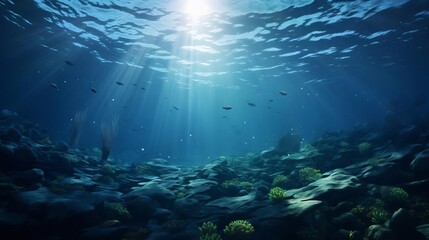 An underwater scene with a ray of sunlight shining through the water. The water is dark blue and crystal clear. There are some small fish swimming around.