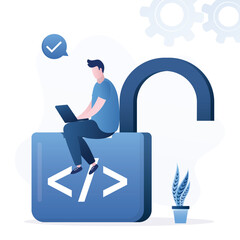 Open source programming, digital products include permission to use the programming source code. Software engineer sitting on unlocked padlock with coding symbol.