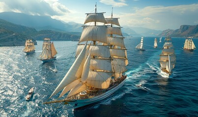 An old sailboat with white sails sailing among other ships on the sea under a clear blue sky in a magnificent seascape - obrazy, fototapety, plakaty