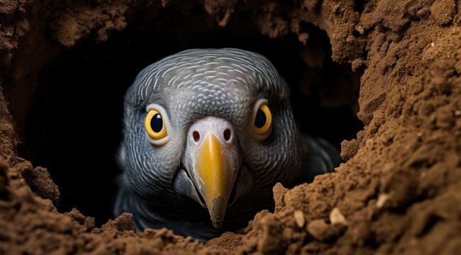 a bird looking out of a hole