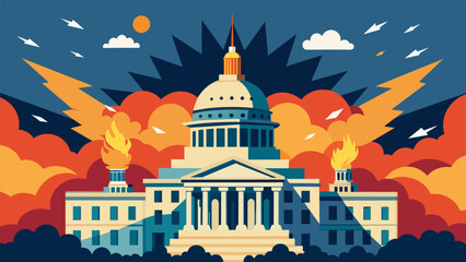 The booming explosions beautifully complement the grandeur and power of the Capitol Building.. Vector illustration