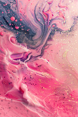 Captivating rose marble ink drifting serenely across a vibrant abstract scene, shimmering with delicate glitters.