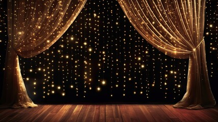 Elegant golden curtains reveal a magical array of sparkling lights - obrazy, fototapety, plakaty