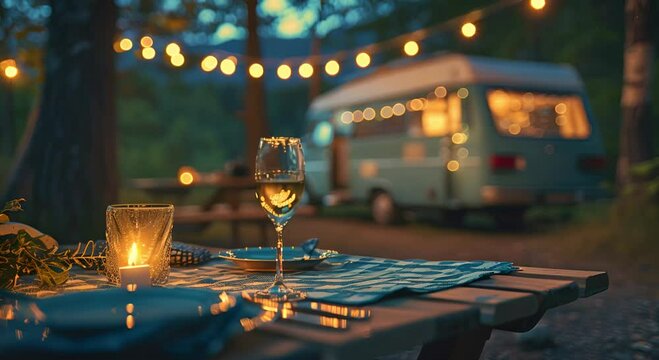 Cozy Camping Dining Table with Lighted Vintage Campervan