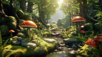 Mystical forest glade with vibrant greenery and magical mushrooms, illuminated by dappled sunlight