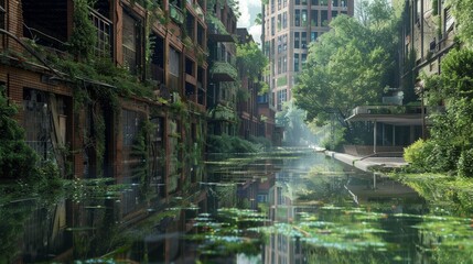 Fototapeta na wymiar A postapocalyptic urban scene with overgrown vegetation abandoned buildings and a flooded street reflecting the surrounding architecture 