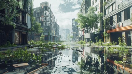 A postapocalyptic urban scene with overgrown vegetation abandoned buildings and a flooded street...