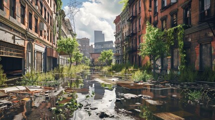 A postapocalyptic urban scene with overgrown vegetation abandoned buildings and a flooded street...