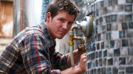 A plumber in a plaid shirt focused on fixing a water heater set against a backdrop of grey mosaic tiles
