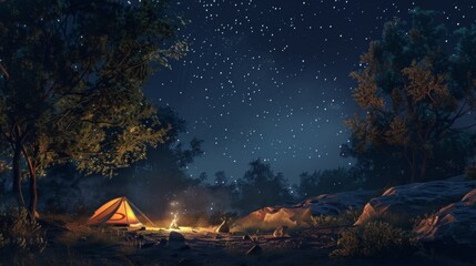 An adventurer camping under the stars in a remote wilderness setting