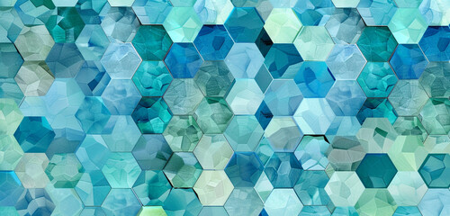 Abstract hexagons in a gradient of tranquil sea colors on a white canvas.