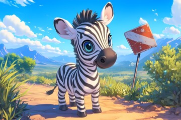 Naklejka premium cute and happy cartoon zebra on the highway