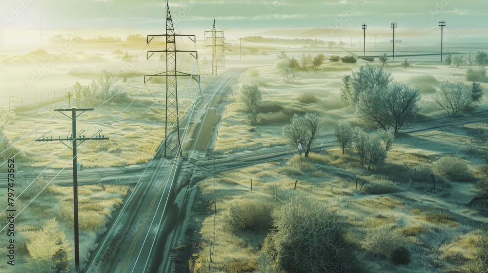 Poster an overhead view of power lines crisscrossing through a rural landscape
