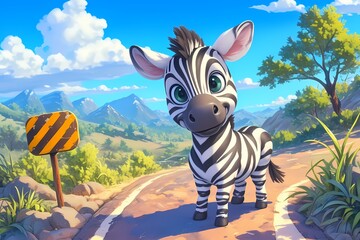 Naklejka premium cute and happy cartoon zebra on the highway