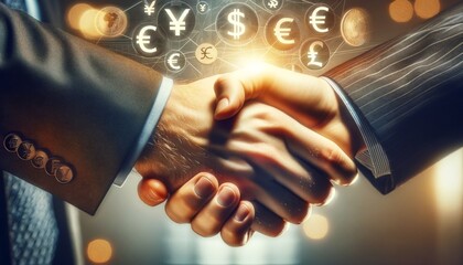 Global Financial Partnership Handshake with Currency Symbols
