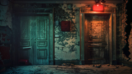 Horror old doors in abandoned house empty dark room with old and damaged walls, night scene with scary background. - obrazy, fototapety, plakaty